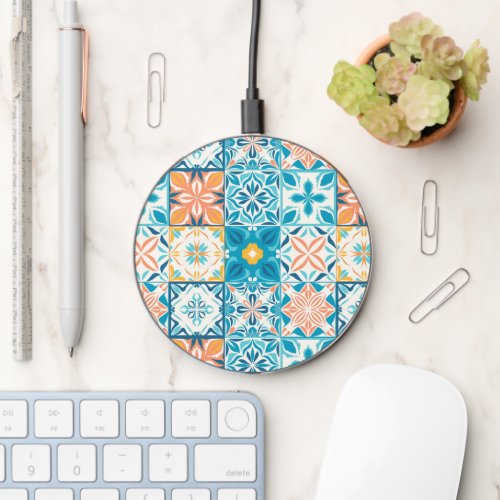 Ornate tiles in blue and orange wireless charger 