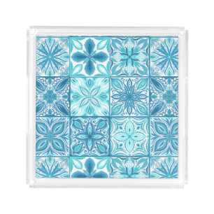 Ornate tiles in blue and white acrylic tray