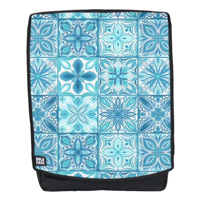 Ornate tiles in blue and white backpack (Front)