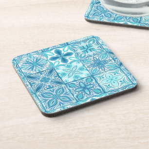 Ornate tiles in blue and white beverage coaster