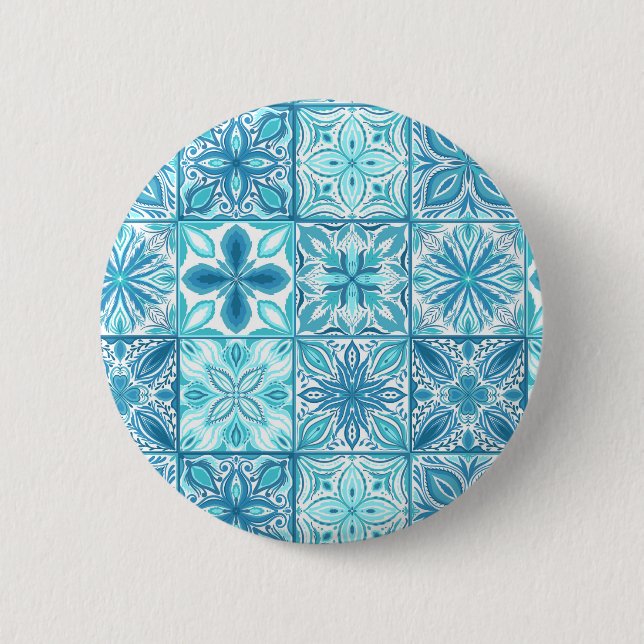 Ornate tiles in blue and white button (Front)