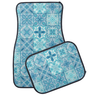 Ornate tiles in blue and white car floor mat