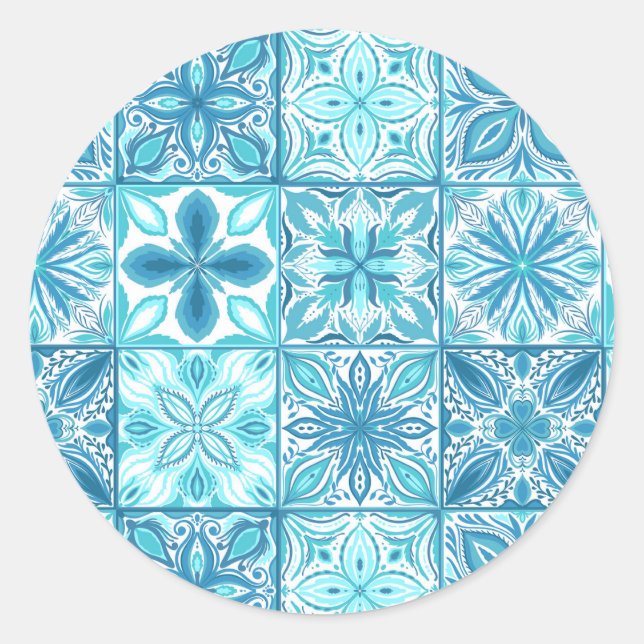 Ornate tiles in blue and white classic round sticker (Front)