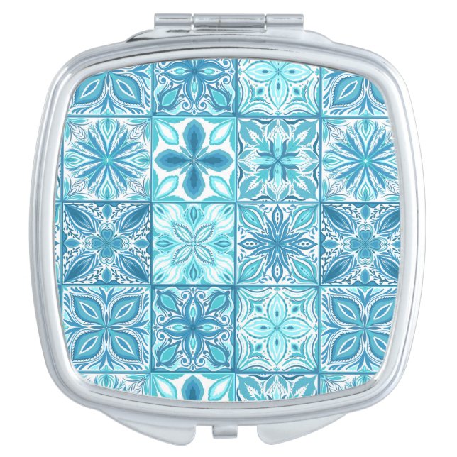 Ornate tiles in blue and white compact mirror (Front)