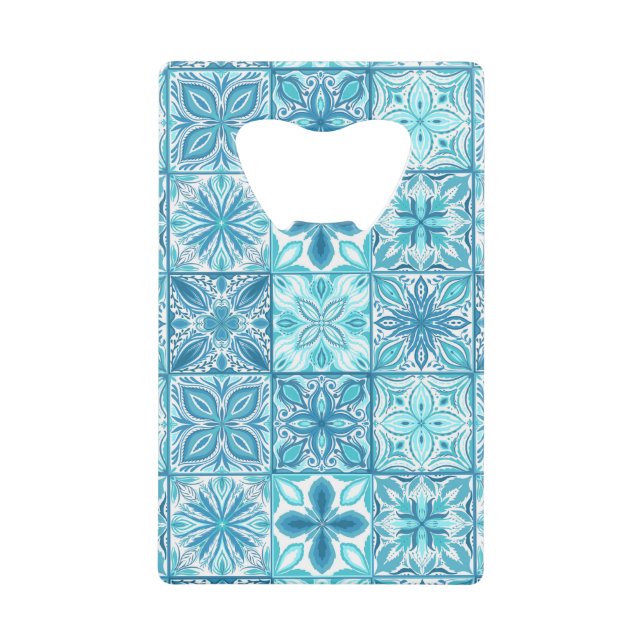 Ornate tiles in blue and white credit card bottle opener (Front)