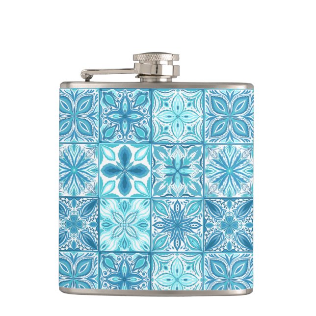 Ornate tiles in blue and white flask (Front)