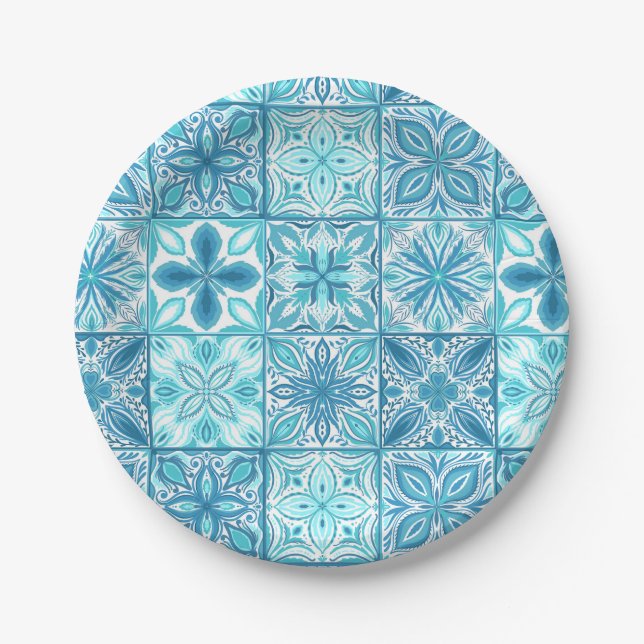 Ornate tiles in blue and white paper plates (Front)