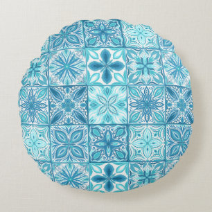 Ornate tiles in blue and white round pillow