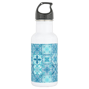 Ornate tiles in blue and white stainless steel water bottle