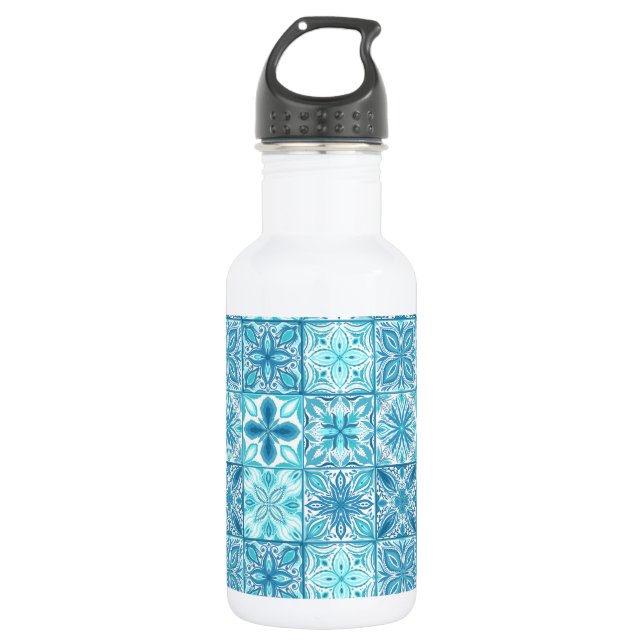 Ornate tiles in blue and white stainless steel water bottle (Front)