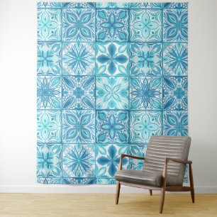 Ornate tiles in blue and white tapestry
