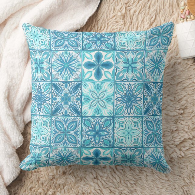 Ornate tiles in blue and white throw pillow (Blanket)