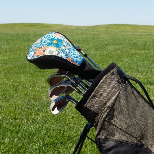 Ornate tiles in blue and yellow golf head cover