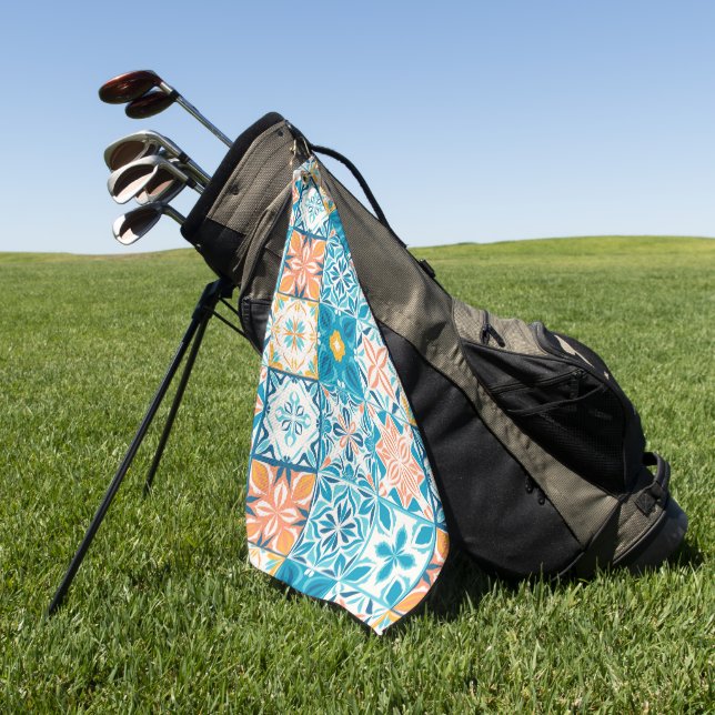 Ornate tiles in blue and yellow golf towel (Green)