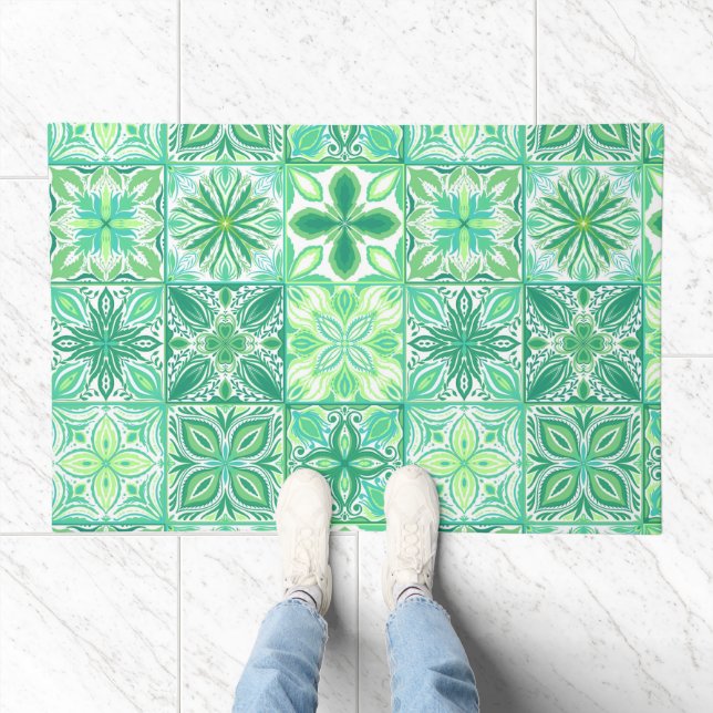 Ornate tiles in green and white doormat (Indoor)