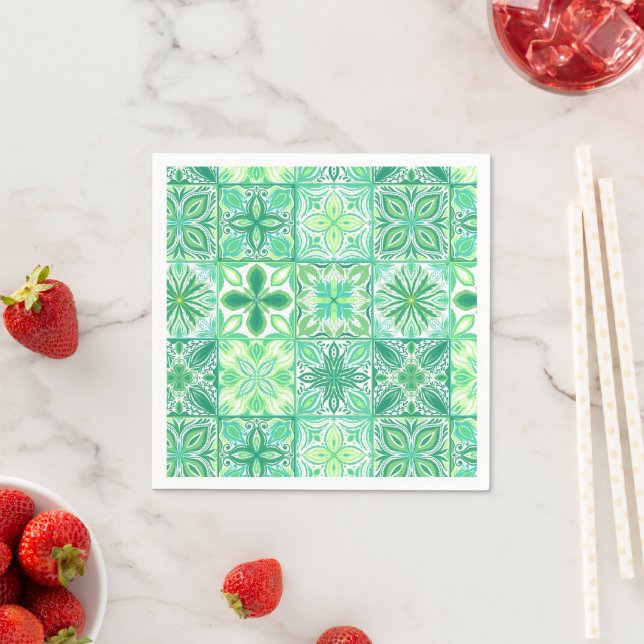 Ornate tiles in green and white napkins (Insitu)