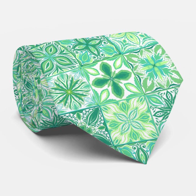 Ornate tiles in green and white neck tie (Rolled)