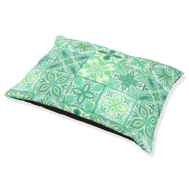Ornate tiles in green and white pet bed (Angled)