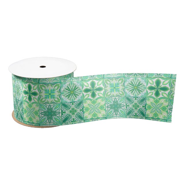 Ornate tiles in green and white satin ribbon (Spool)