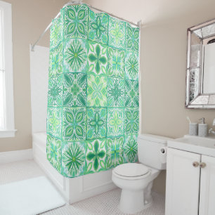 Ornate tiles in green and white shower curtain
