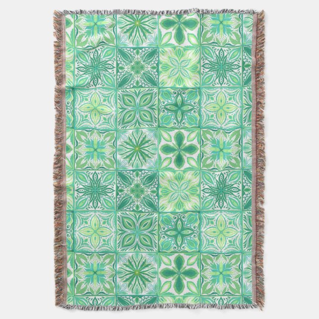 Ornate tiles in green and white throw blanket (Front Vertical)