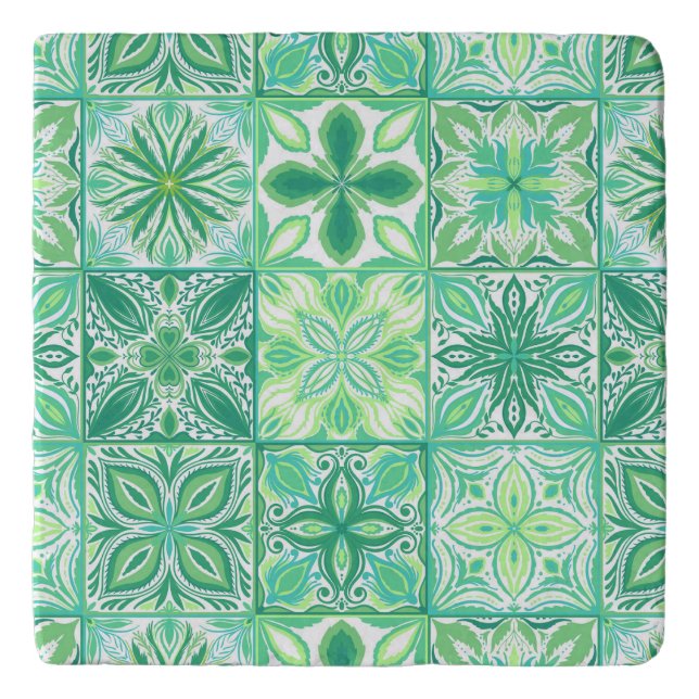 Ornate tiles in green and white trivet (Front)