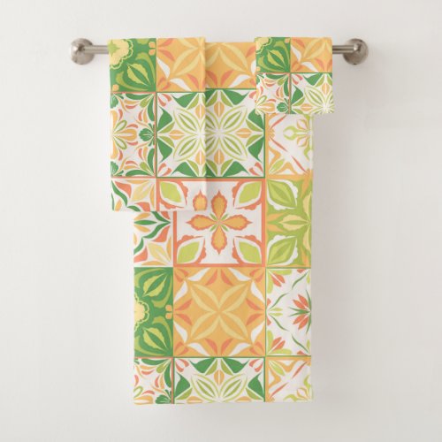 Ornate tiles in green and yellow bath towel set