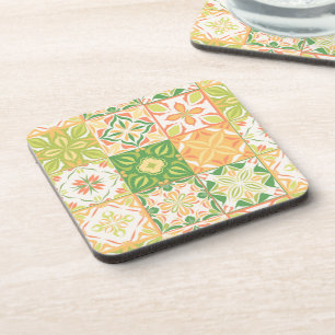 Ornate tiles in green and yellow beverage coaster