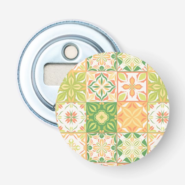 Ornate tiles in green and yellow bottle opener (Front)