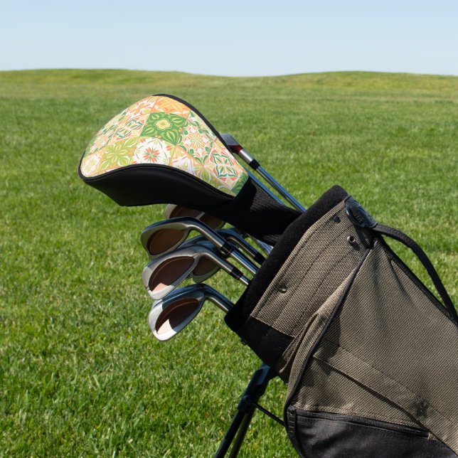 Ornate tiles in green and yellow golf head cover (In Situ)