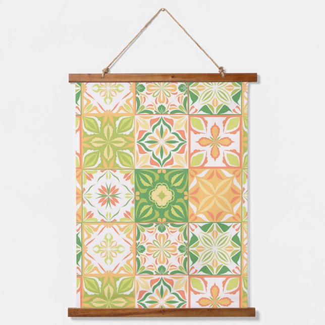 Ornate tiles in green and yellow hanging tapestry (Front)