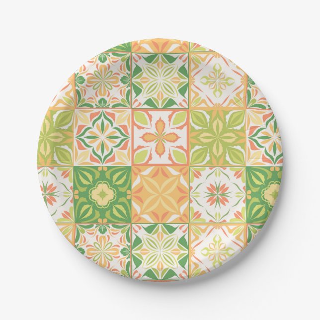 Ornate tiles in green and yellow paper plates (Front)