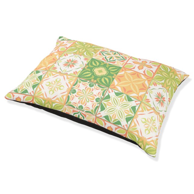 Ornate tiles in green and yellow pet bed (Angled)