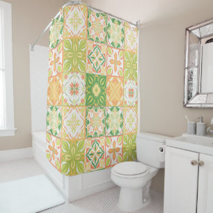 Ornate tiles in green and yellow shower curtain