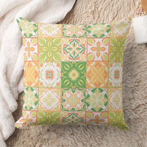 Ornate tiles in green and yellow throw pillow