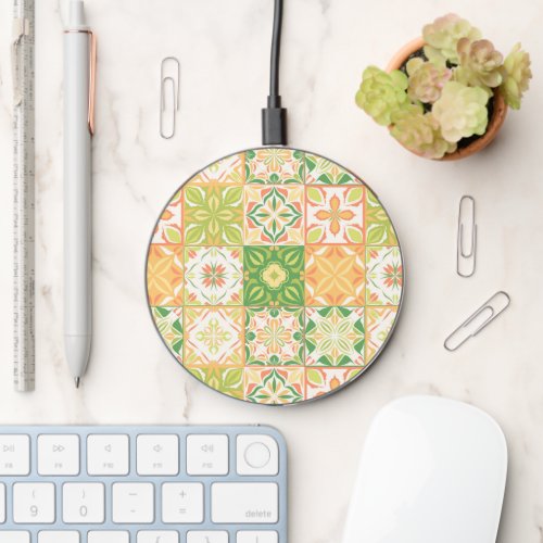 Ornate tiles in green and yellow wireless charger 