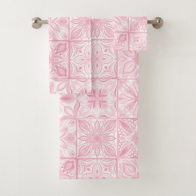 Ornate tiles in pink  bath towel set (Insitu)