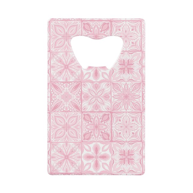 Ornate tiles in pink  credit card bottle opener (Front)