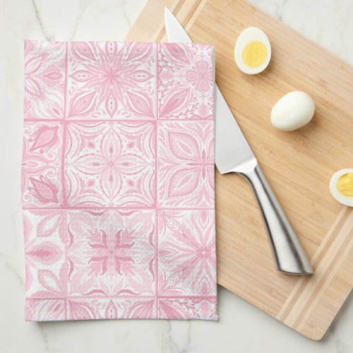 Ornate tiles in pink  kitchen towel