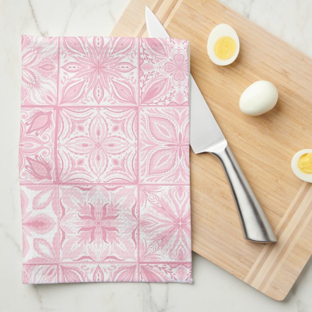 Ornate tiles in pink  kitchen towel (Quarter Fold)