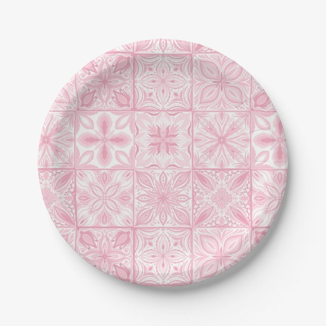 Ornate tiles in pink  paper plates (Front)