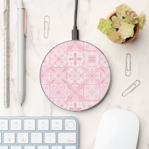 Ornate tiles in pink  wireless charger 