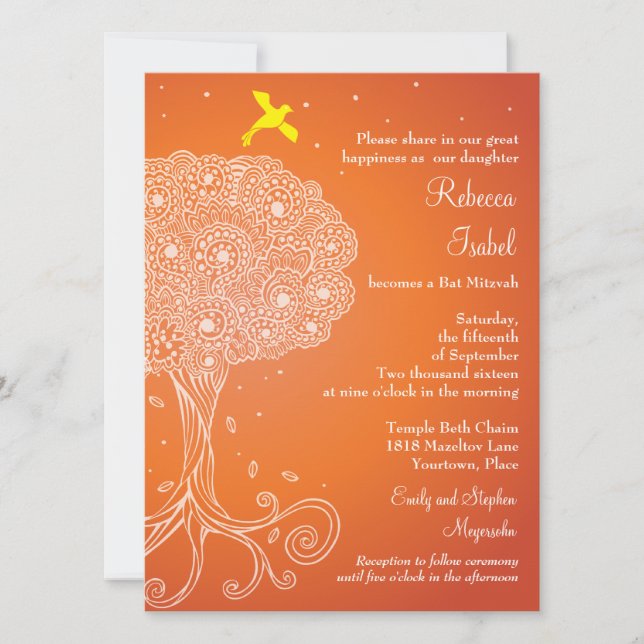 Ornate Tree of Life Orange Bat Mitzvah Invitation (Front)