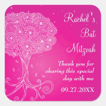 Ornate Tree Of Life Pink Bat Mitzvah Square Sticker by mishpocha at Zazzle