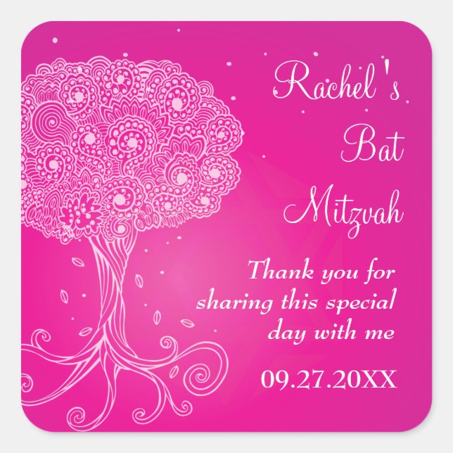 Ornate Tree of Life Pink Bat Mitzvah Square Sticker (Front)