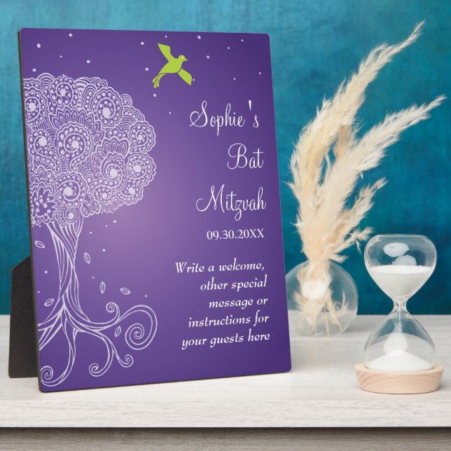 Ornate Tree of Life Purple Bat Mitzvah Plaque (Side)