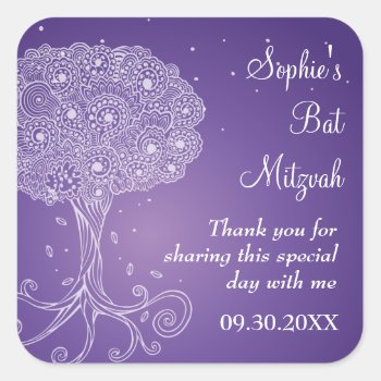 Ornate Tree Of Life Purple Bat Mitzvah Square Sticker by mishpocha at Zazzle