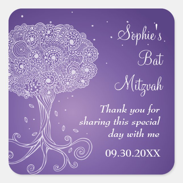 Ornate Tree of Life Purple Bat Mitzvah Square Sticker (Front)