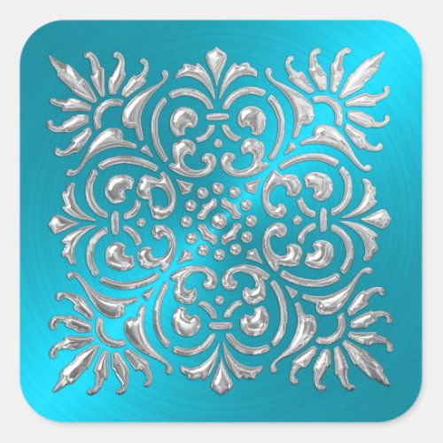 Ornate Turquoise and Silver Embossed Look Sticker