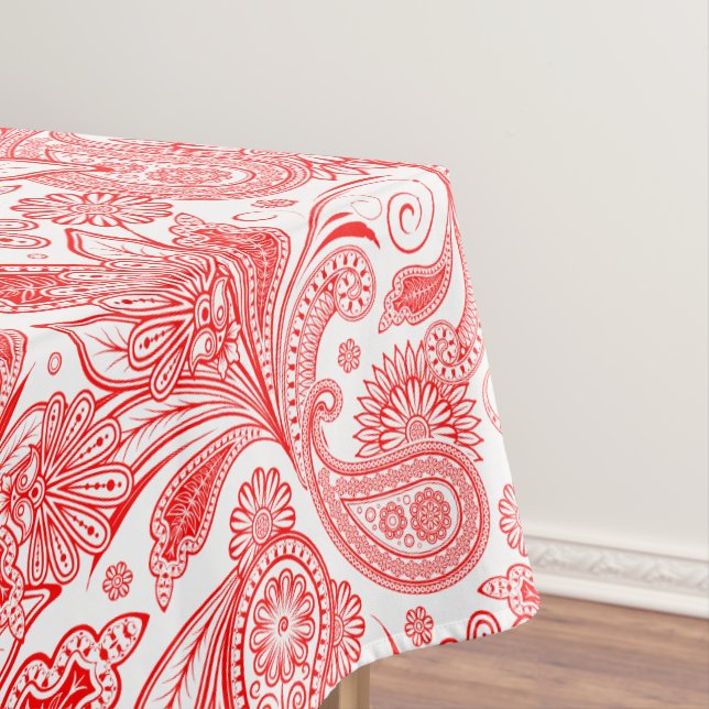 Ornate Valentines Red On White Ornate Paisley Tablecloth (In Situ)